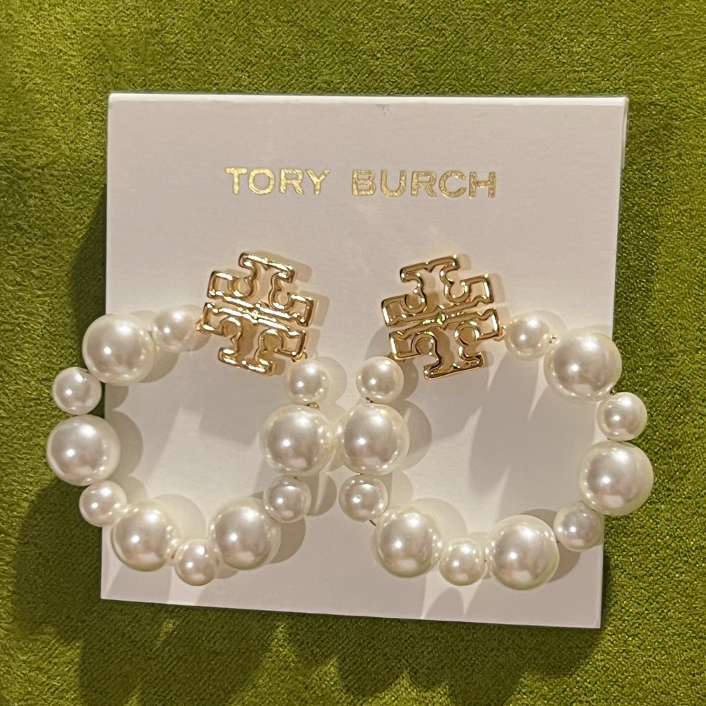 Tory Burch Gold Logo Pearl Hoop Earrings